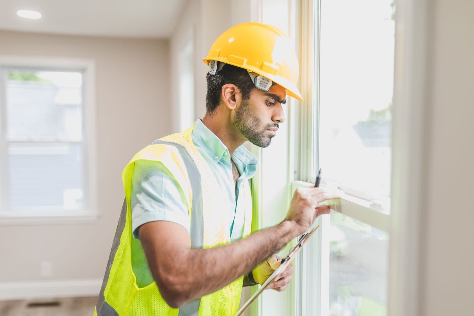 Worker in safety helmet and vest performing a site inspection